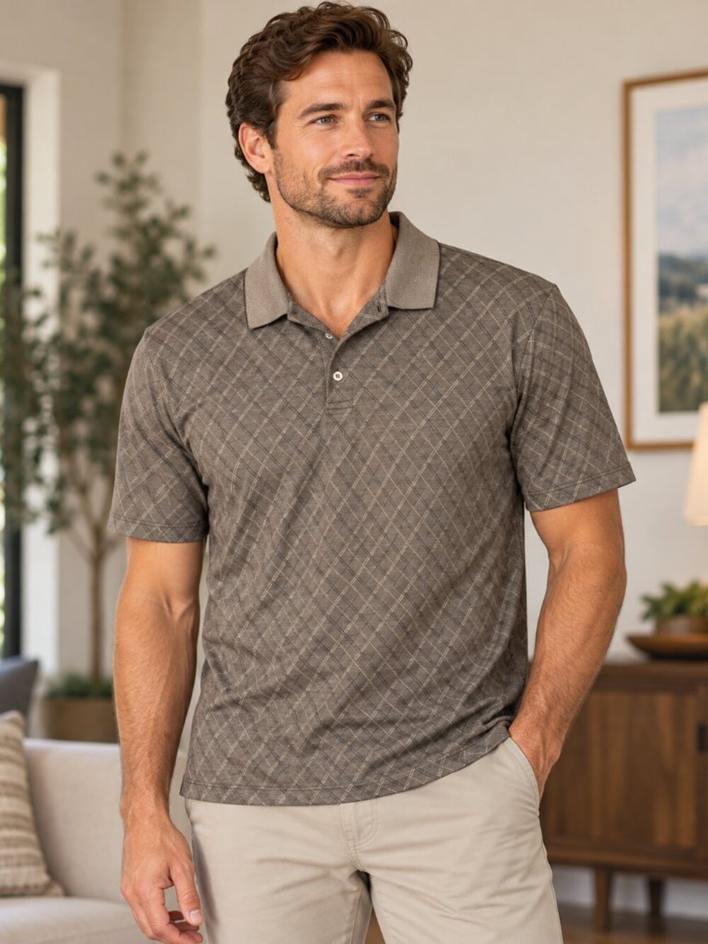 J Hilburn Mens Diamond Geometric pattern Black Polo Golf Business Casual Shirt